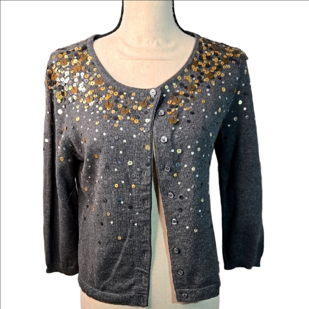 Relativity Medium Cotton Gray Cardigan Sweater  Asst Metallic Sequins Embellish